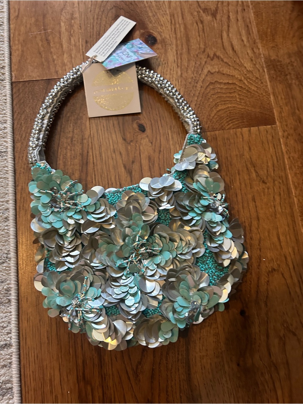 Turquoise Sequin Floral Handbag - Women's Evening Bag